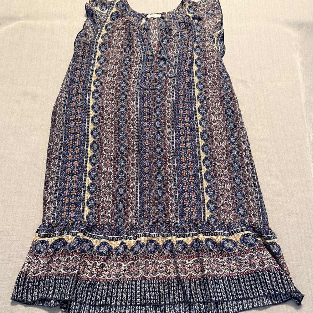 Mystree Womens Boho Paisley Dress Ruffle Sleeve Navy Floral Shift Tunic